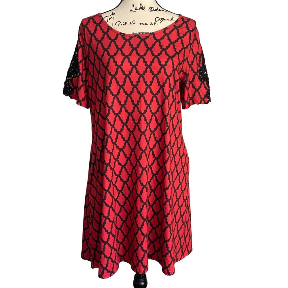 Simply Southern Red and Black Women's Swing Dress Sz Large Pockets Lace New